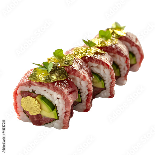 Succulent slices of A5 Wagyu beef rolled with premium sushi rice, avocado, and a touch of wasabi, topped with edible gold leaf.  isolated on transparent background, 3D Render illustration.