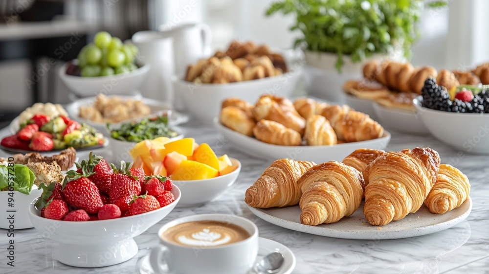 A classic Italian breakfast spread with espresso, warm croissants, and a selection of fresh fruits and pastries A classic Italian breakfast spread with espresso, warm croissants, and a selection of fresh fruits and pastries