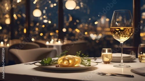 An image created using generative AI that shows a table at a fancy restaurant at night, with a glass of white wine and warm, golden lighting