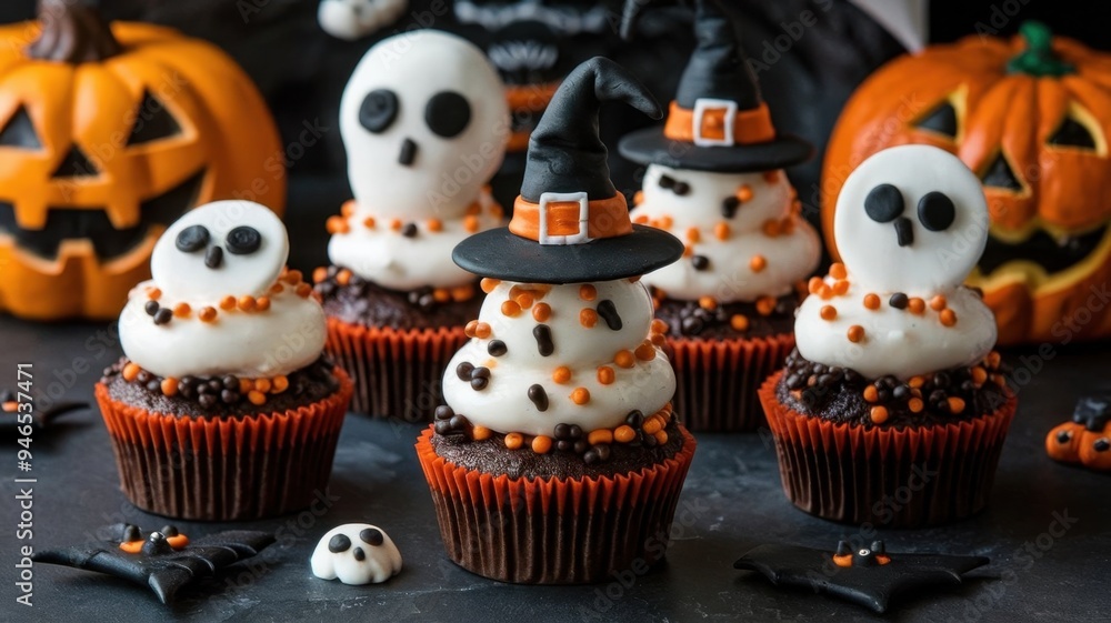 A group of Halloween cupcakes with spooky decorations A group of Halloween cupcakes with spooky decorations