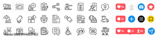 Puzzle, Rfp and Technical info line icons pack. Social media icons. Spanner, Inflation, Smartphone broken web icon. Delivery notification, Faq, Packing boxes pictogram. Vector