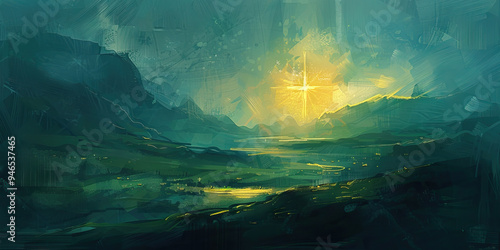 Fototapeta Naklejka Na Ścianę i Meble -  An abstract landscape painting with subtle hints of the Star of Bethlehem, guiding the viewer's eye towards the nativity story.