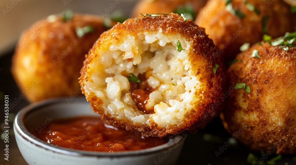 A close up of a crispy, golden-brown arancini, Italian rice balls stuffed with cheese and ragù, served with a side of marinara sauce A close up of a crispy, golden-brown arancini, Italian rice balls stuffed with cheese and ragù, served with a side of marinara sauce