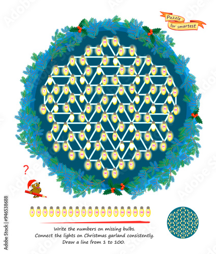 Logic puzzle game for children and adults. Write the numbers on missing bulbs. Connect the lights on Christmas garland consistently. Draw a line from 1 to 100. Brain teaser book. Vector illustration.
