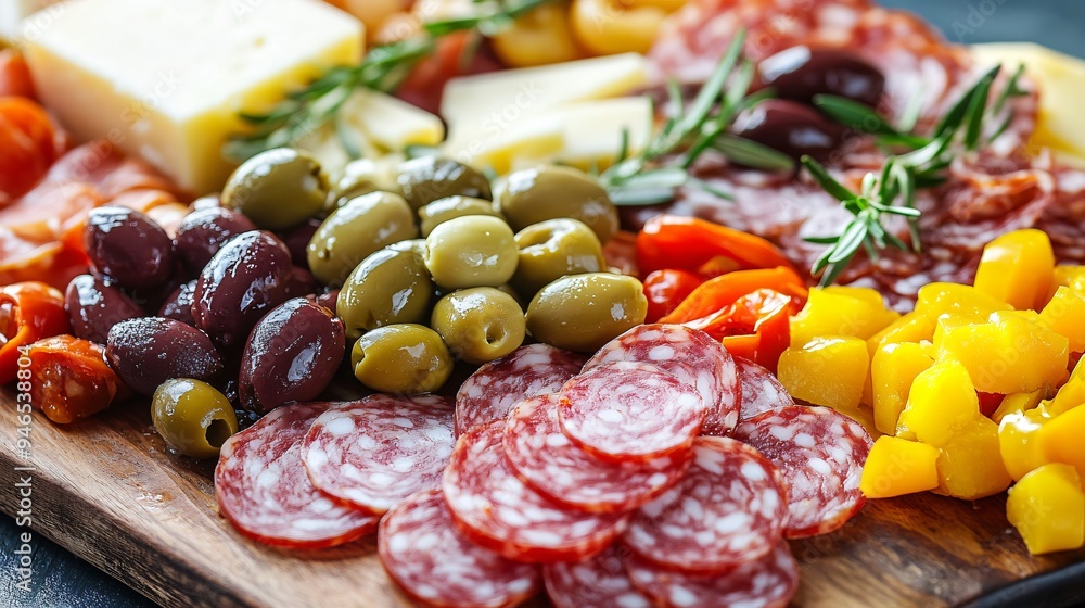 A detailed image of a traditional Italian antipasto platter, including marinated olives, roasted peppers, salami, and various cheeses A detailed image of a traditional Italian antipasto platter, including marinated olives, roasted peppers, salami, and various cheeses