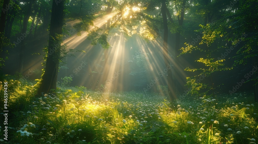 Sunlight Streaming Through Serene Forest. Sunlight Streaming Through Serene Forest.