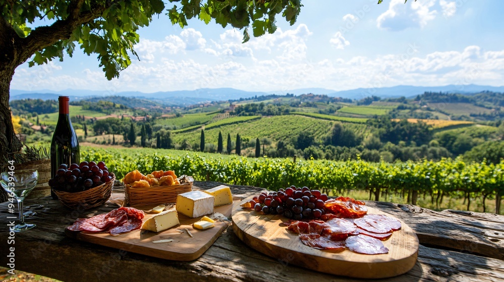 Obraz premium A picturesque Italian vineyard with a wine tasting setup, featuring a selection of Italian wines paired with artisanal cheeses and cured meats