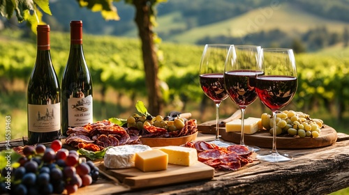 A picturesque Italian vineyard with a wine tasting setup, featuring a selection of Italian wines paired with artisanal cheeses and cured meats photo