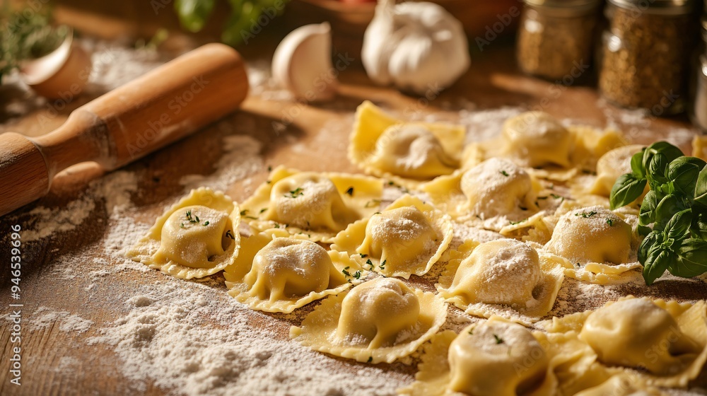 A rustic Italian kitchen with a rolling pin and flour-covered surface, preparing fresh tortellini and ravioli filled with cheese and herbs A rustic Italian kitchen with a rolling pin and flour-covered surface, preparing fresh tortellini and ravioli filled with cheese and herbs