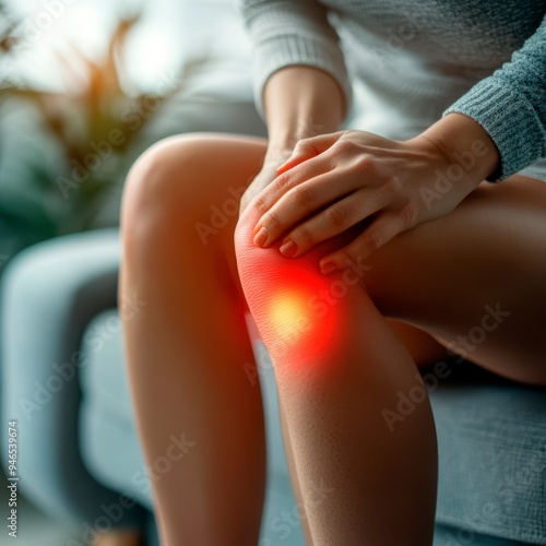 Wallpaper Mural A young woman holds onto her sore knee while sitting on the couch. The red areas indicate injury. Torontodigital.ca