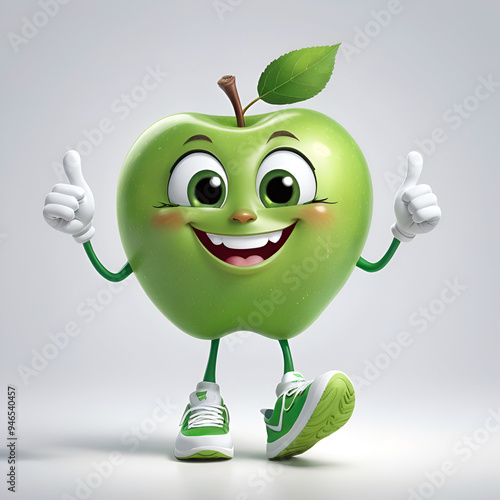 A cheerful green apple character with a bright smile and big eyes with a thumbs up photo