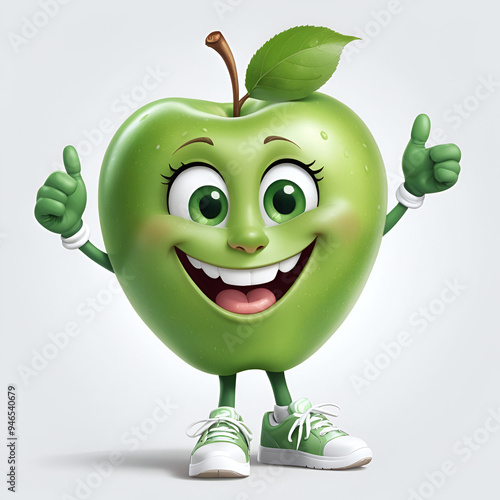 A cheerful green apple character with a bright smile and big eyes with a thumbs up photo