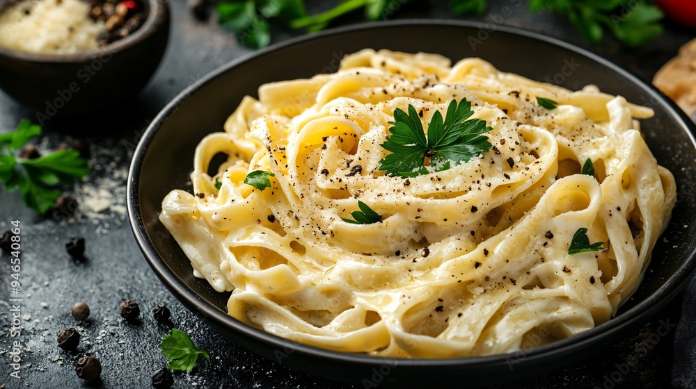 A vibrant Italian pasta dish of fettuccine Alfredo, with a creamy Parmesan sauce and a garnish of freshly cracked black pepper and parsley A vibrant Italian pasta dish of fettuccine Alfredo, with a creamy Parmesan sauce and a garnish of freshly cracked black pepper and parsley