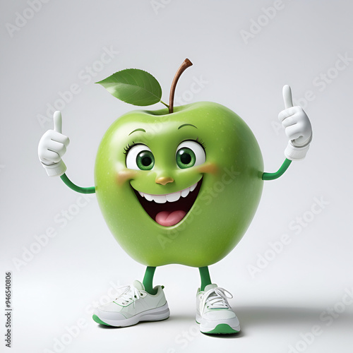 A cheerful green apple character with a bright smile and big eyes with a thumbs up photo