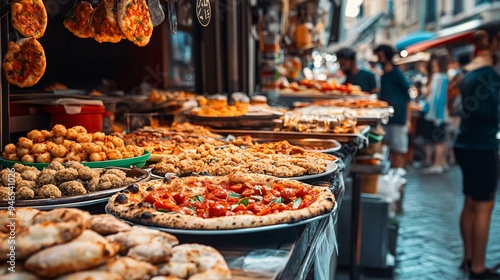 A vibrant Italian street food scene featuring vendors selling classic items like supplì (rice balls) and pizza al taglio (pizza by the slice) photo