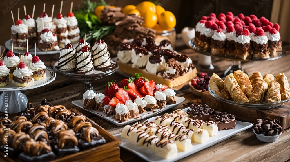 An elegant Italian dessert table with a variety of sweets, including cannoli, tiramisu, and gelato, presented with fresh fruit and chocolate sauce An elegant Italian dessert table with a variety of sweets, including cannoli, tiramisu, and gelato, presented with fresh fruit and chocolate sauce