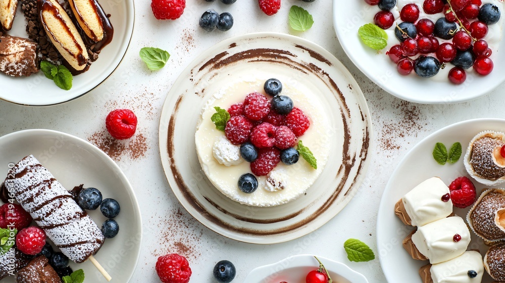 An artistic flat lay of Italian desserts, including tiramisu, cannoli, and panna cotta, arranged on elegant porcelain plates with fresh berries An artistic flat lay of Italian desserts, including tiramisu, cannoli, and panna cotta, arranged on elegant porcelain plates with fresh berries