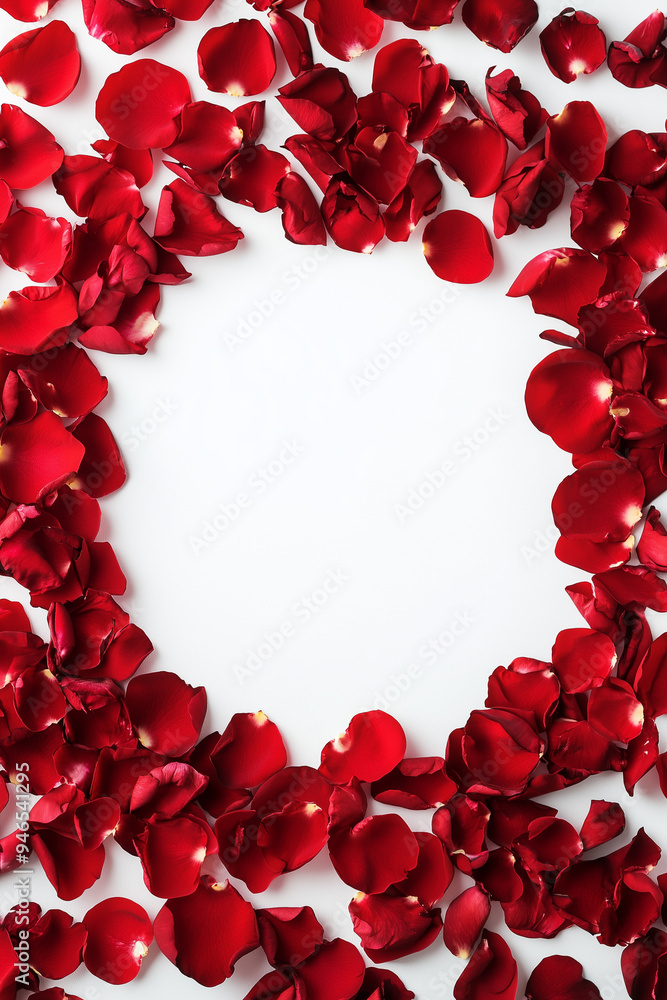 Delicate red flower petals arranged around a white background creating a beautiful frame. Perfect for love cards, weddings, greeting cards, valentines day promotional material and much more. Delicate red flower petals arranged around a white background creating a beautiful frame. Perfect for love cards, weddings, greeting cards, valentines day promotional material and much more.
