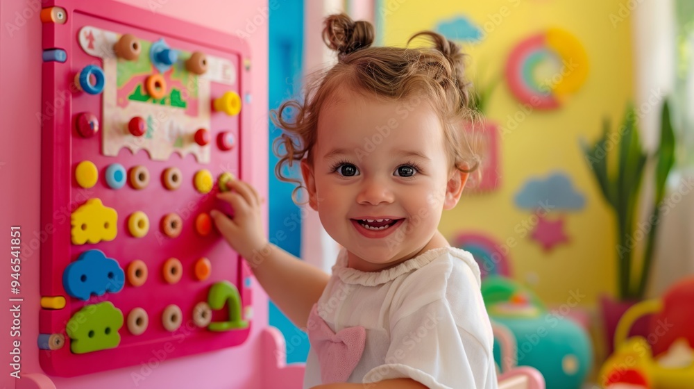 Obraz premium cute toddler girl playing with a colorful educational wooden activity board in pink and blue room, smiling while interacting with gears or pieces, vibrant children's bedroom in the background