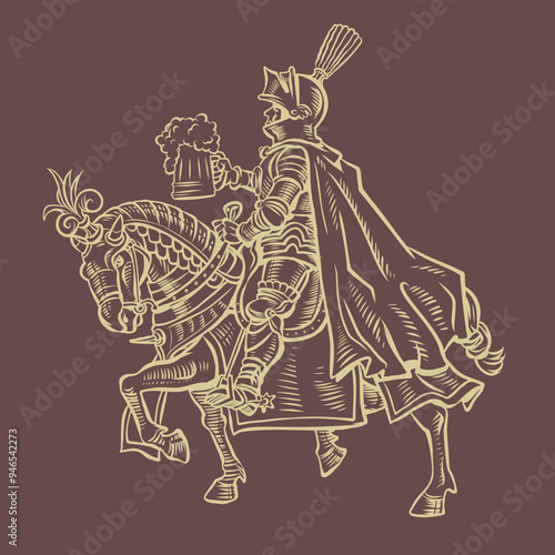 A knight in armor on an armored horse holds a mug of foamy beer. Alcohol menu in a tavern, pub or restaurant. A medieval drink in the modern world.