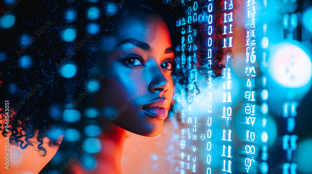 Femme et écran, concept de futur et de technologie Femme et écran, concept de futur et de technologie