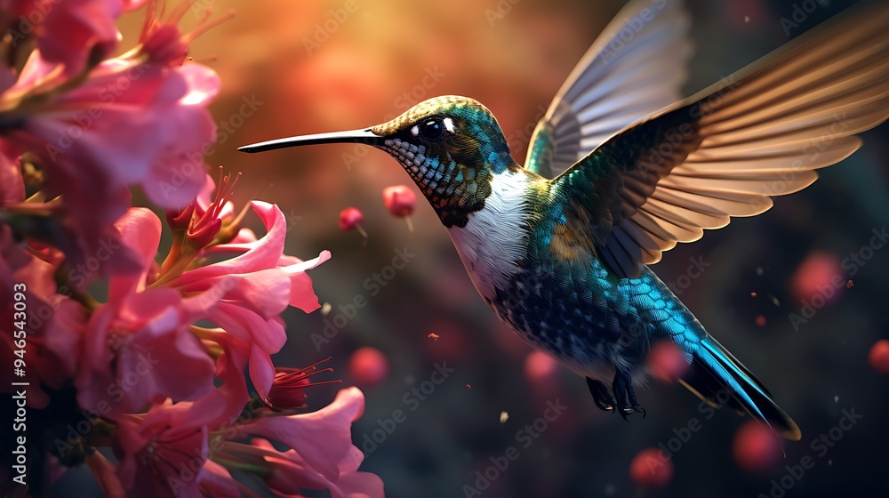 Fototapeta premium An enchanting view of a hummingbird delicately extracting nectar from a colorful blossom, showcasing the dynamic movement and vivid details in stunning