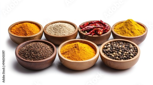 Assortment of colorful Indian spices in small round bowls, including turmeric, chili, and cumin, arranged on a white background, no people.