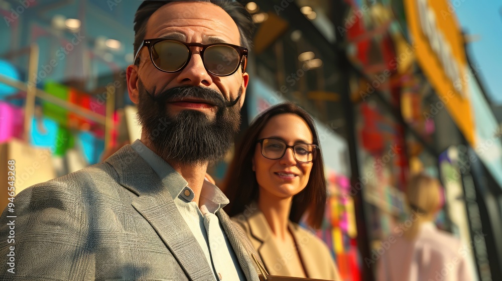 Happy couple, city shopping day, man with beard and sunglasses, wife with glasses, woman ahead with brown bag, abstract store windows, urban setting. Happy couple, city shopping day, man with beard and sunglasses, wife with glasses, woman ahead with brown bag, abstract store windows, urban setting.