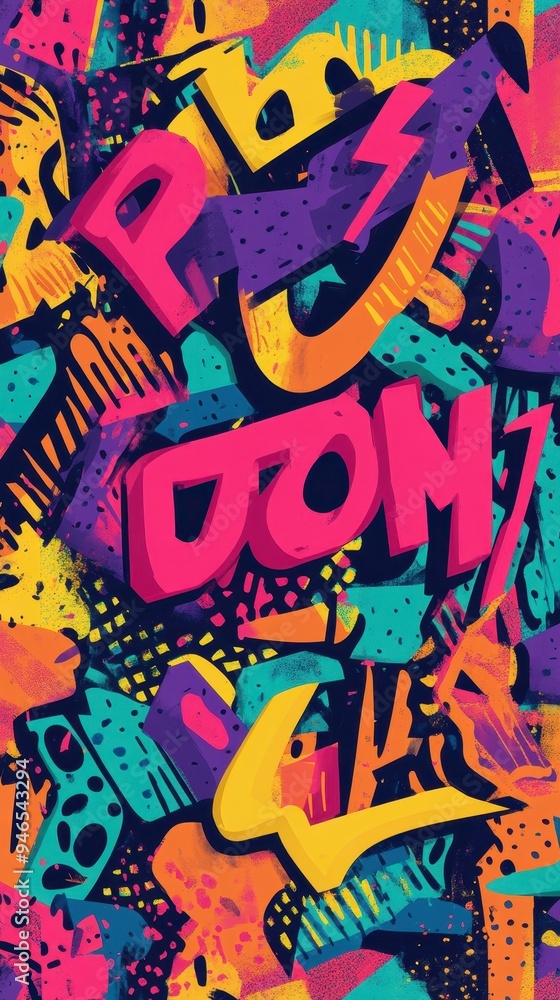 The design features energetic, bold typography against a lively backdrop of vivid colors and abstract patterns The design features energetic, bold typography against a lively backdrop of vivid colors and abstract patterns