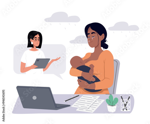 Postpartum depression. Young mother talking to psychologist on the screen. Specialist talking, counseling, helping patient online. Vector illustration in flat style