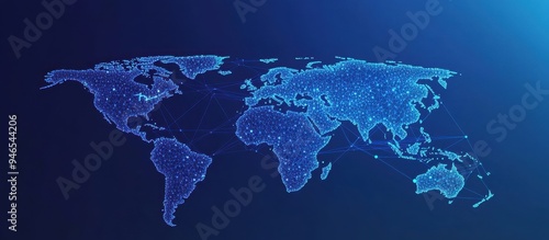 A blue gradient background with a world map made of dots and lines, highlighting global network connections The map is filled in shades of light to dark blue, symbolizing diverse areas Generative AI