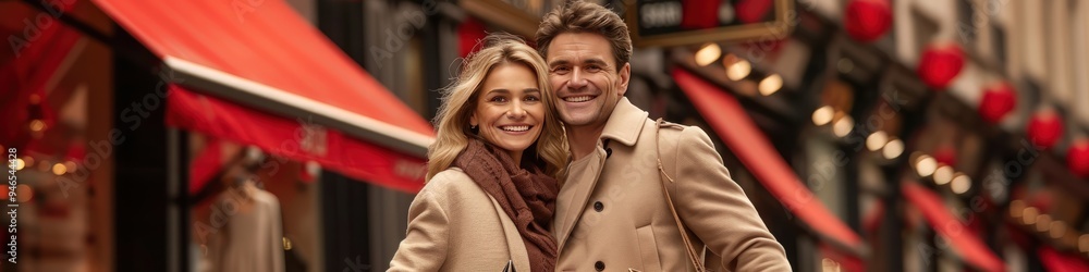 Happy couple, city street shopping, holding bags, smiling at camera, beige coat, blonde woman, red awnings background. Happy couple, city street shopping, holding bags, smiling at camera, beige coat, blonde woman, red awnings background.