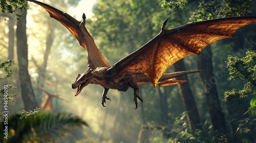 Pterodactyl Soaring Through a Lush Forest