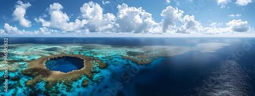 Aerial view of the blue hole on a beautiful coral reef in Great Exuma, an isolated circular structure that appears to be reaching out into deep water. The vast ocean is seen around it, with clear skie photo