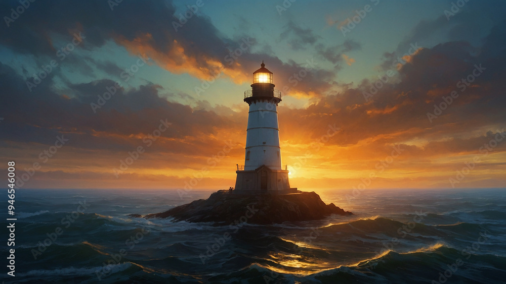 AI-Generated Oil Painting of a Lighthouse at Sunrise AI-Generated Oil Painting of a Lighthouse at Sunrise