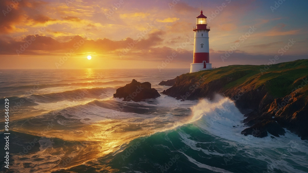 AI-Generated Oil Painting of a Lighthouse at Sunrise AI-Generated Oil Painting of a Lighthouse at Sunrise