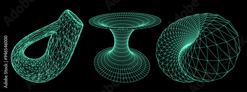 A set of wireframe illustrations of tunnels and Klein's bottle. Conceptual vector illustrtion of time-space 4D curvature and wormholes.