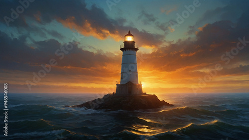AI-Generated Oil Painting of a Lighthouse at Sunrise