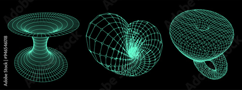A set of wireframe illustrations of tunnels and Klein's bottle. Conceptual vector illustrtion of time-space 4D curvature and wormholes.
