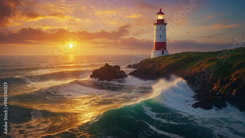 AI-Generated Oil Painting of a Lighthouse at Sunrise