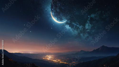 AI-Generated Painting of an Angel in a Crescent Moon Galaxy