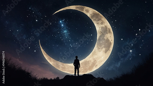 AI-Generated Painting of an Angel in a Crescent Moon Galaxy