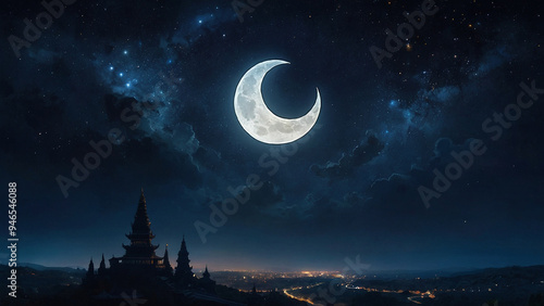 AI-Generated Painting of an Angel in a Crescent Moon Galaxy