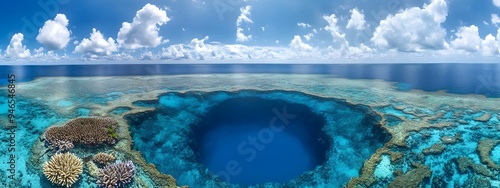 Aerial view of the blue hole on a beautiful coral reef in Great Exuma, an isolated circular structure that appears to be reaching out into deep water. The vast ocean is seen around it, with clear skie photo