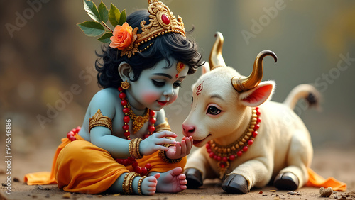 Cute little baby Krishna with sacred cow. Hindu god Lord Krishna with calf. Krishna Janmashtami, Govardhan Puja, Vasubaras. Indian religious festival photo