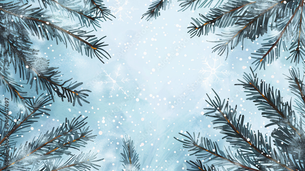 Snowfall creates a serene and magical winter scene with pine branches Snowfall creates a serene and magical winter scene with pine branches