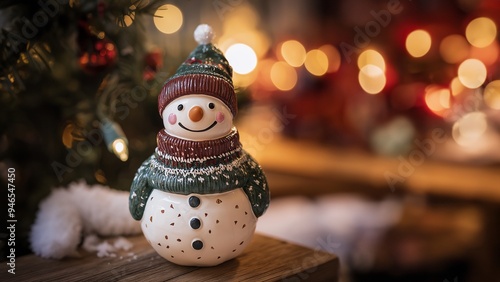 Fröhlicher Schneemann mit buntem Schal und Mütze in verschneiter Winterlandschaft. Idyllische Szene mit schneebedeckten Bäumen. Nostalgisches Wintermotiv voller Charme photo