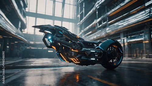 AI-Generated Art of a Futuristic Drone Motorcycle Soaring Above a Dense Landscape