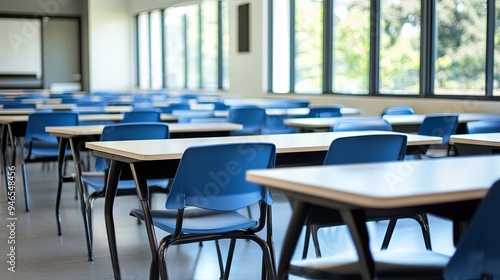 Empty Classroom with Blue Chairs and Desks