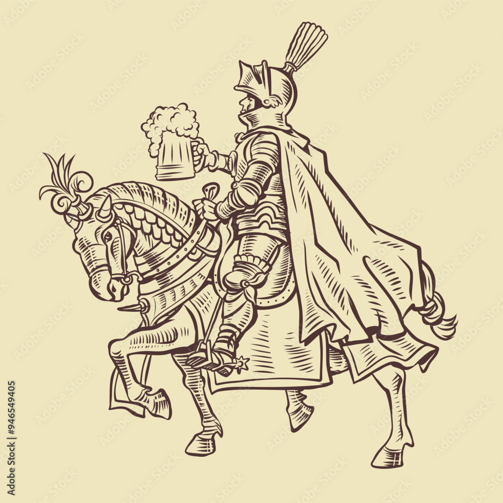 Fototapeta premium A knight in armor on an armored horse holds a mug of foamy beer. Alcohol menu in a tavern, pub or restaurant. A medieval drink in the modern world.